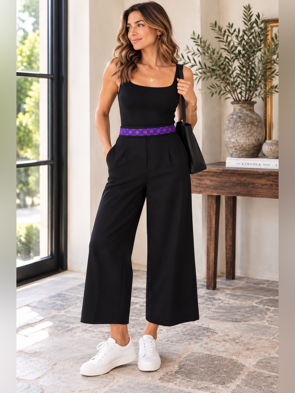 Manoush Coco Black Cropped Wide Leg Pants Embroidered Waist Size 10